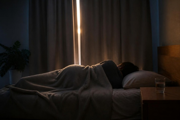 A woman resting in a darkened bedroom during a migraine, a thin line of light at the curtains