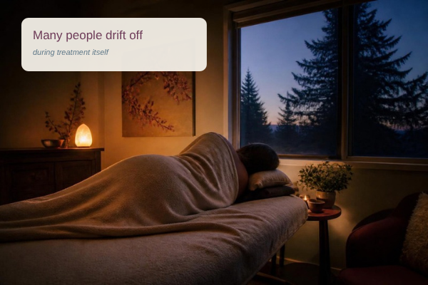 A person resting under a blanket on a treatment table in a softly lit room at dusk; many people drift off during treatment
