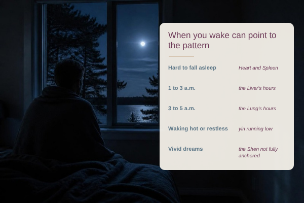 When you wake can point to the pattern: hard to fall asleep, Heart and Spleen; 1 to 3 a.m., the Liver; 3 to 5 a.m., the Lung; waking hot, yin running low; vivid dreams, the Shen not fully anchored