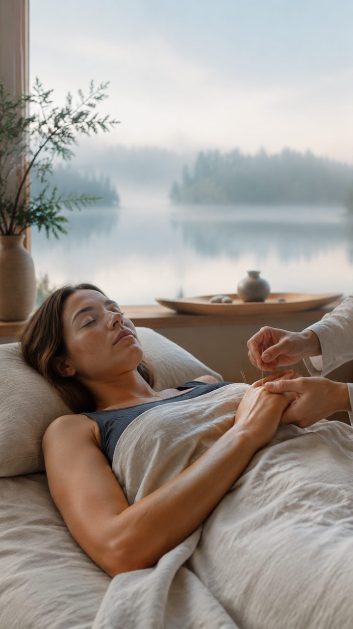 Gentle acupuncture at the wrist beside a misty Muskoka lake