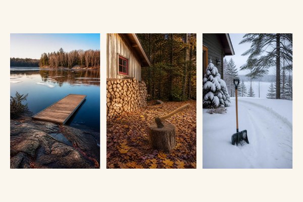 Muskoka through the seasons: spring dock, autumn woodpile, winter snow