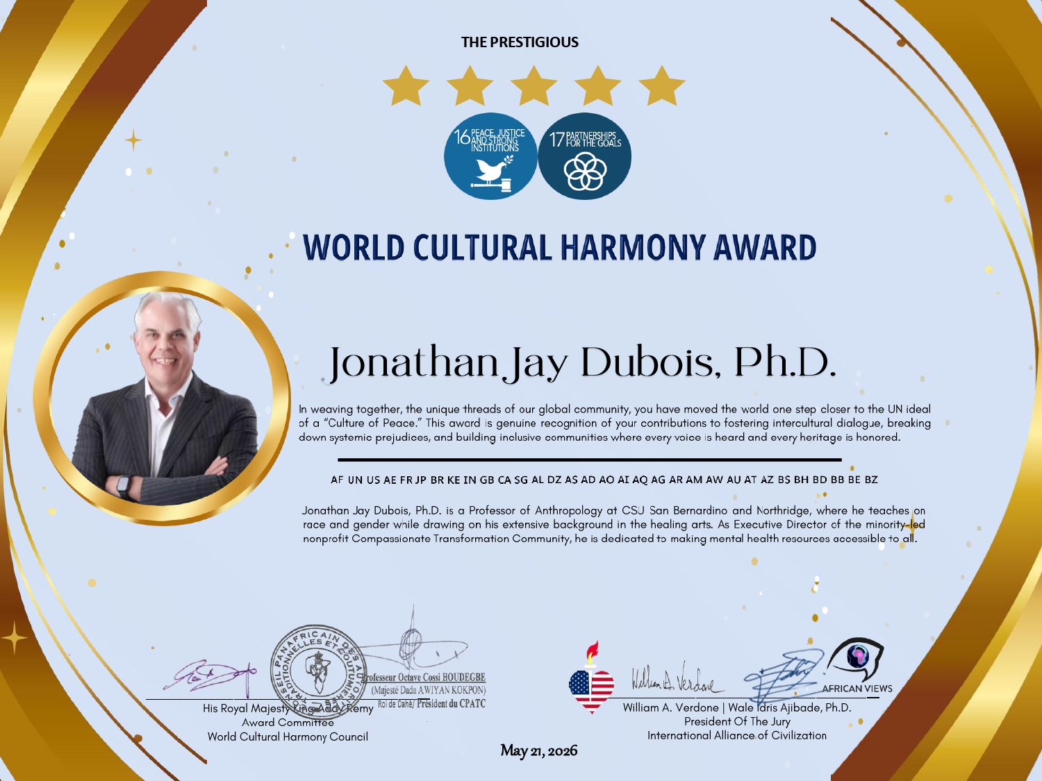 World Cultural Harmony Award certificate for Jonathan Jay Dubois, PhD