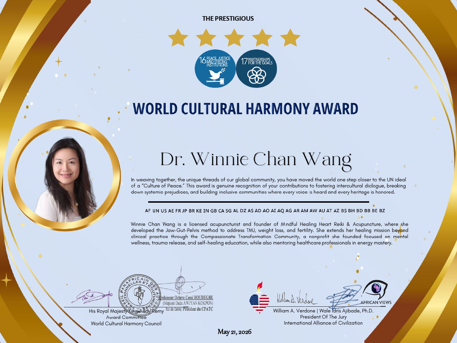 World Cultural Harmony Award certificate for Dr. Winnie Chan Wang