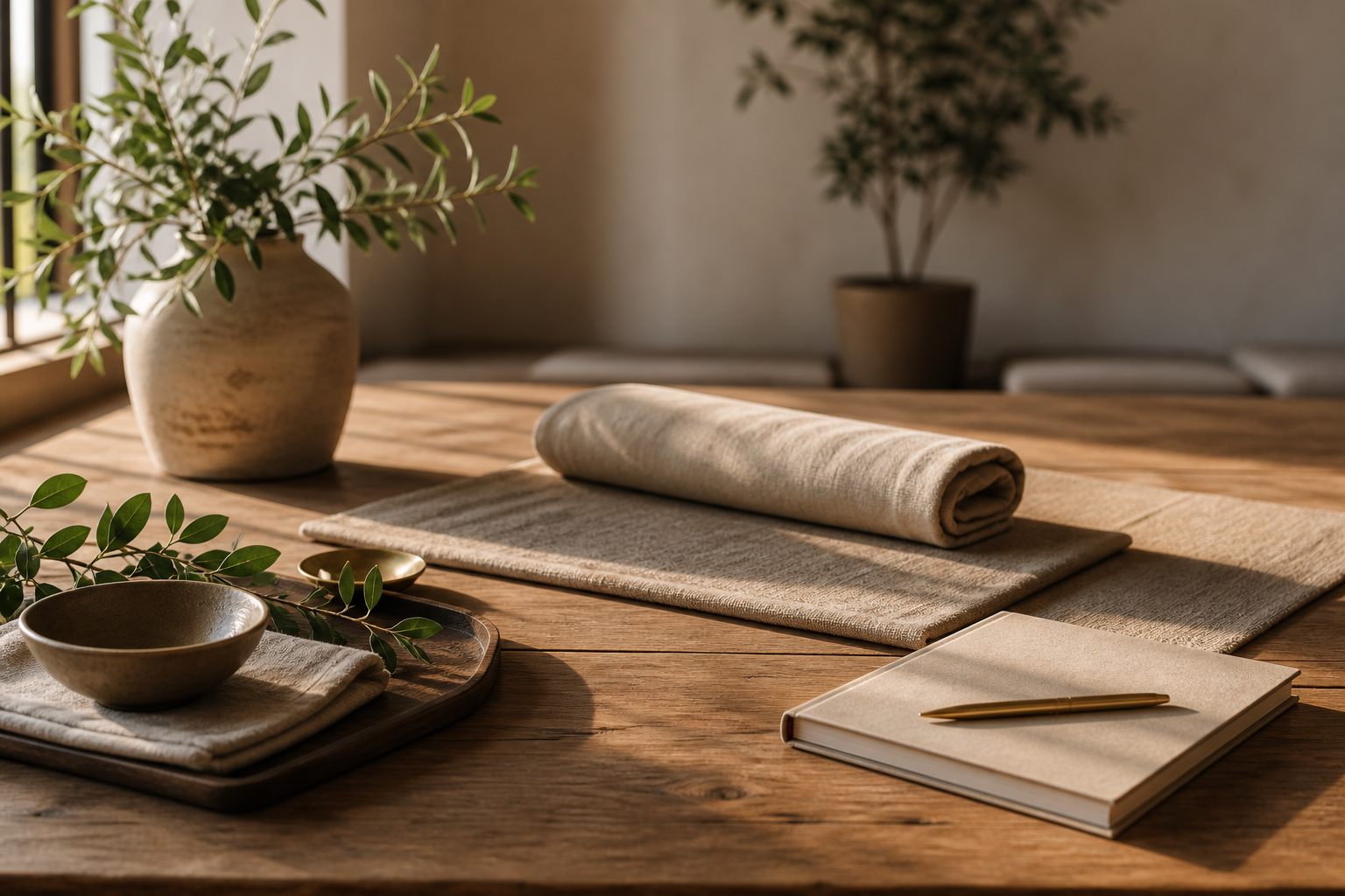Prepared class materials with linen, a bowl, greenery, and morning light