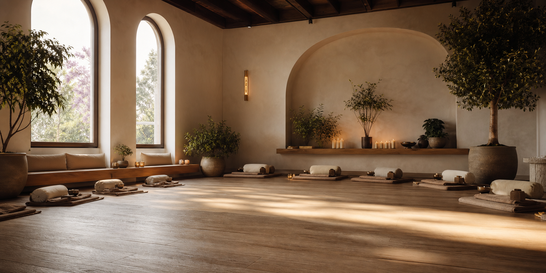 A serene prepared healing class room with warm light and natural materials