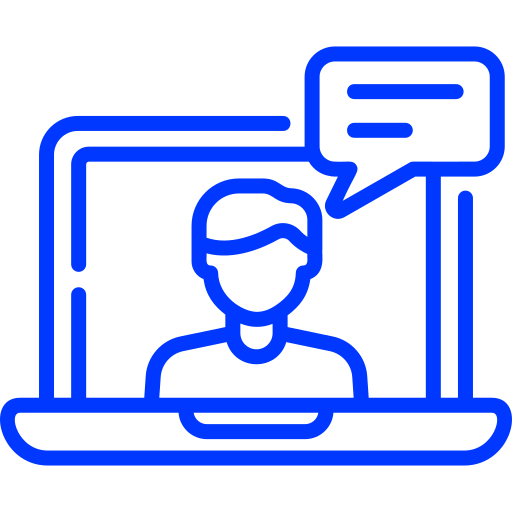 Person at a desk with speech bubbles icon representing coaching or guidance.