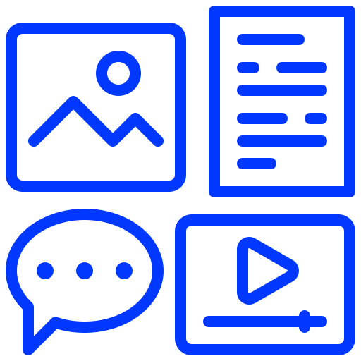 Icon showing media elements including an image, video play button, and chat bubble representing content planning.