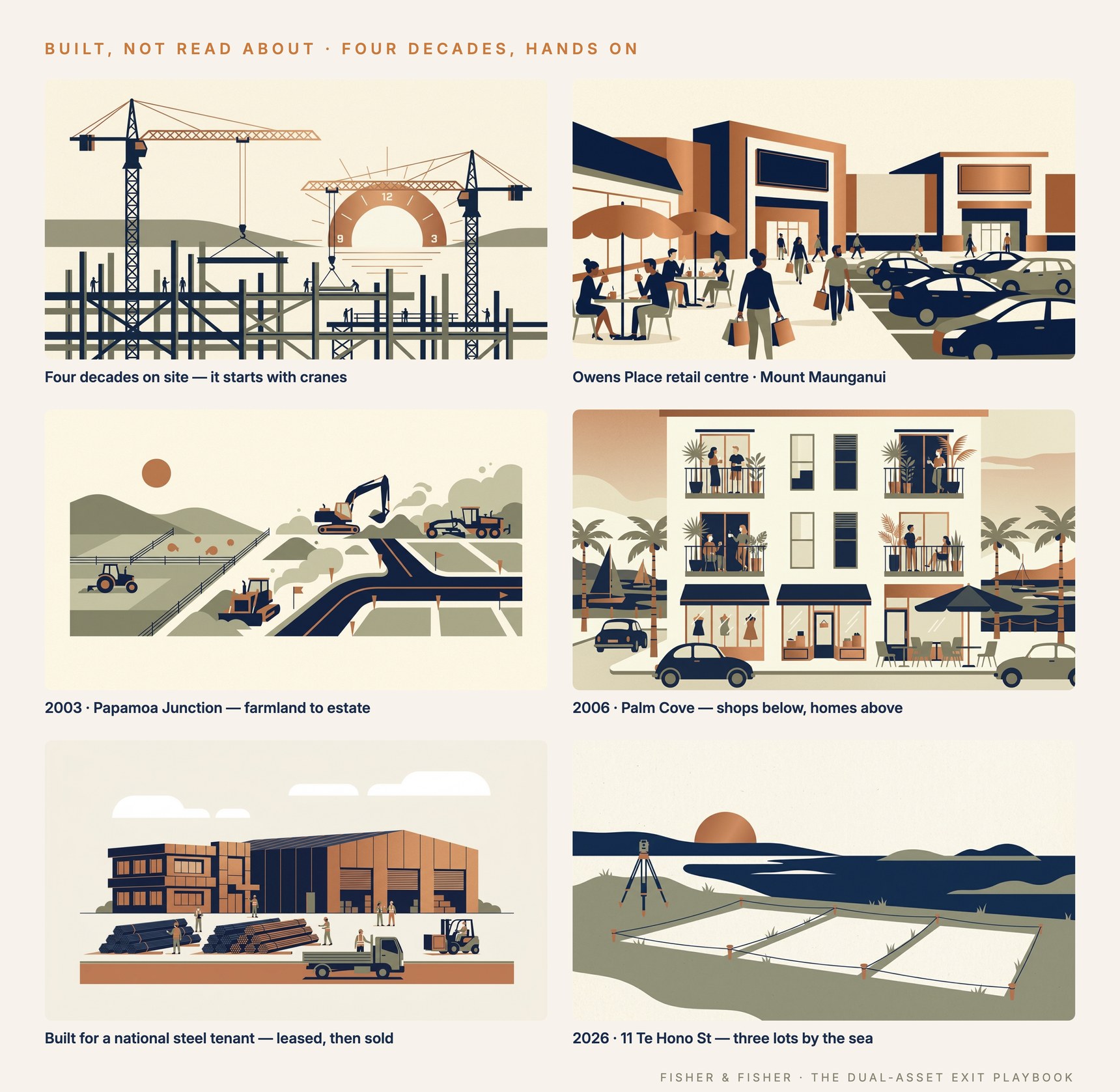 Four decades of building — Owens Place, Papamoa Junction, Palm Cove, Fletcher Reinforcing, 11 Te Hono Street