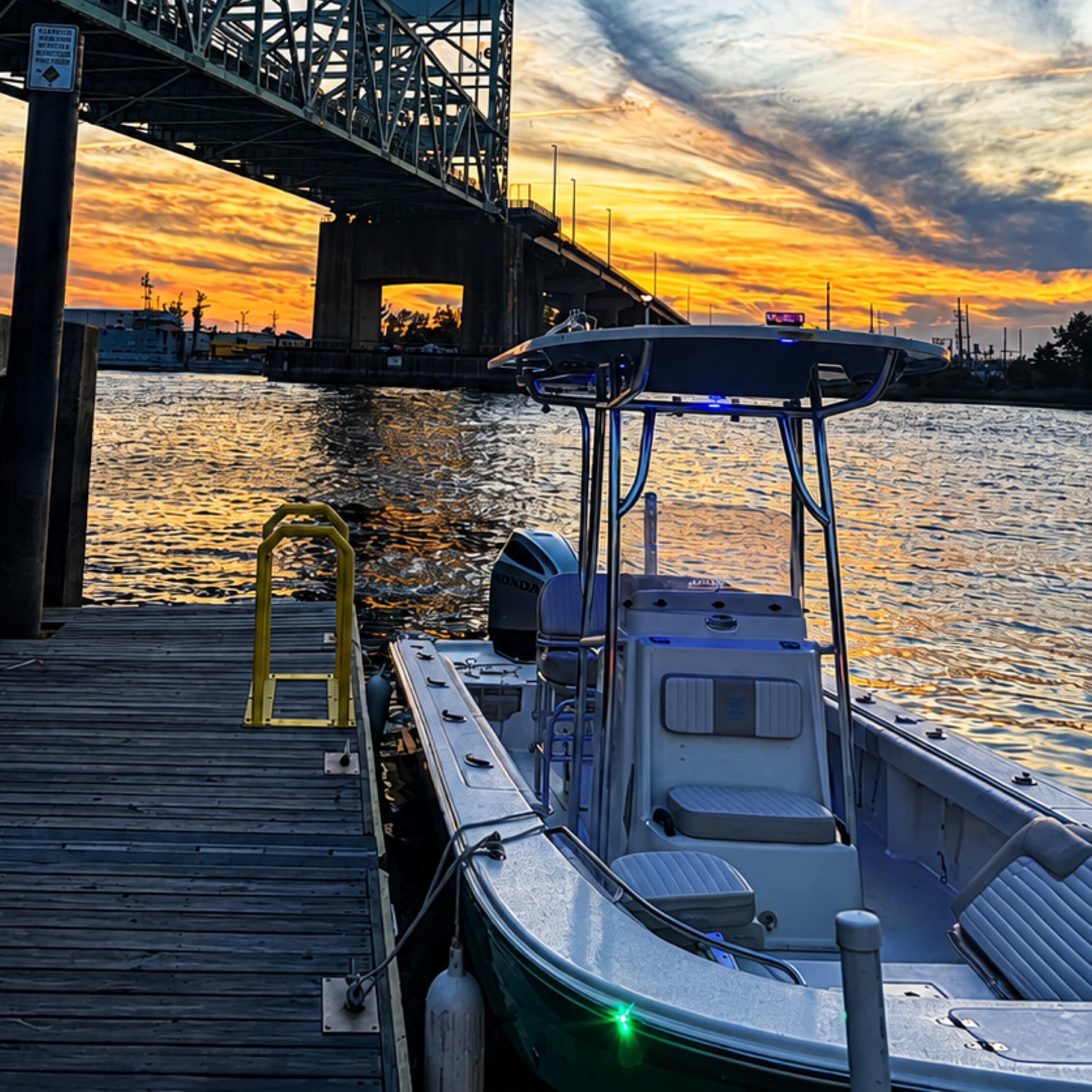 Boat moored beneath a bridge at sunset