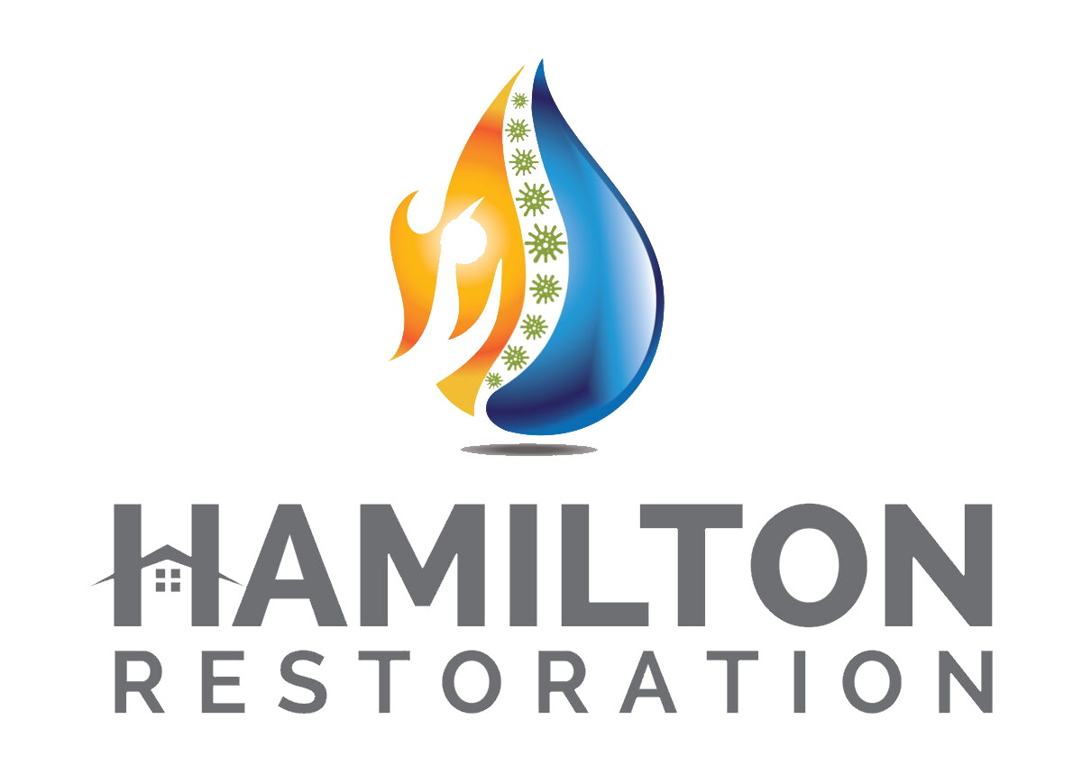 Hamilton Restoration logo with a fire flame and water drop motif, separated by green star-like shapes.