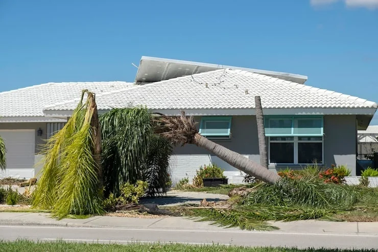 A house with a white roof and blue shutters, with two fallen palm trees in the front yard after a storm.