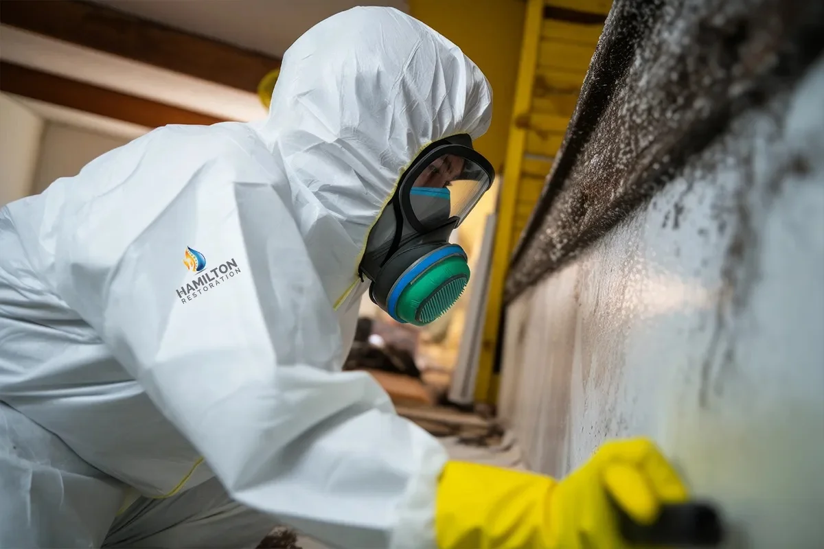 A Hamilton Restoration worker in a white hazmat suit and respirator cleans mold from a wall.