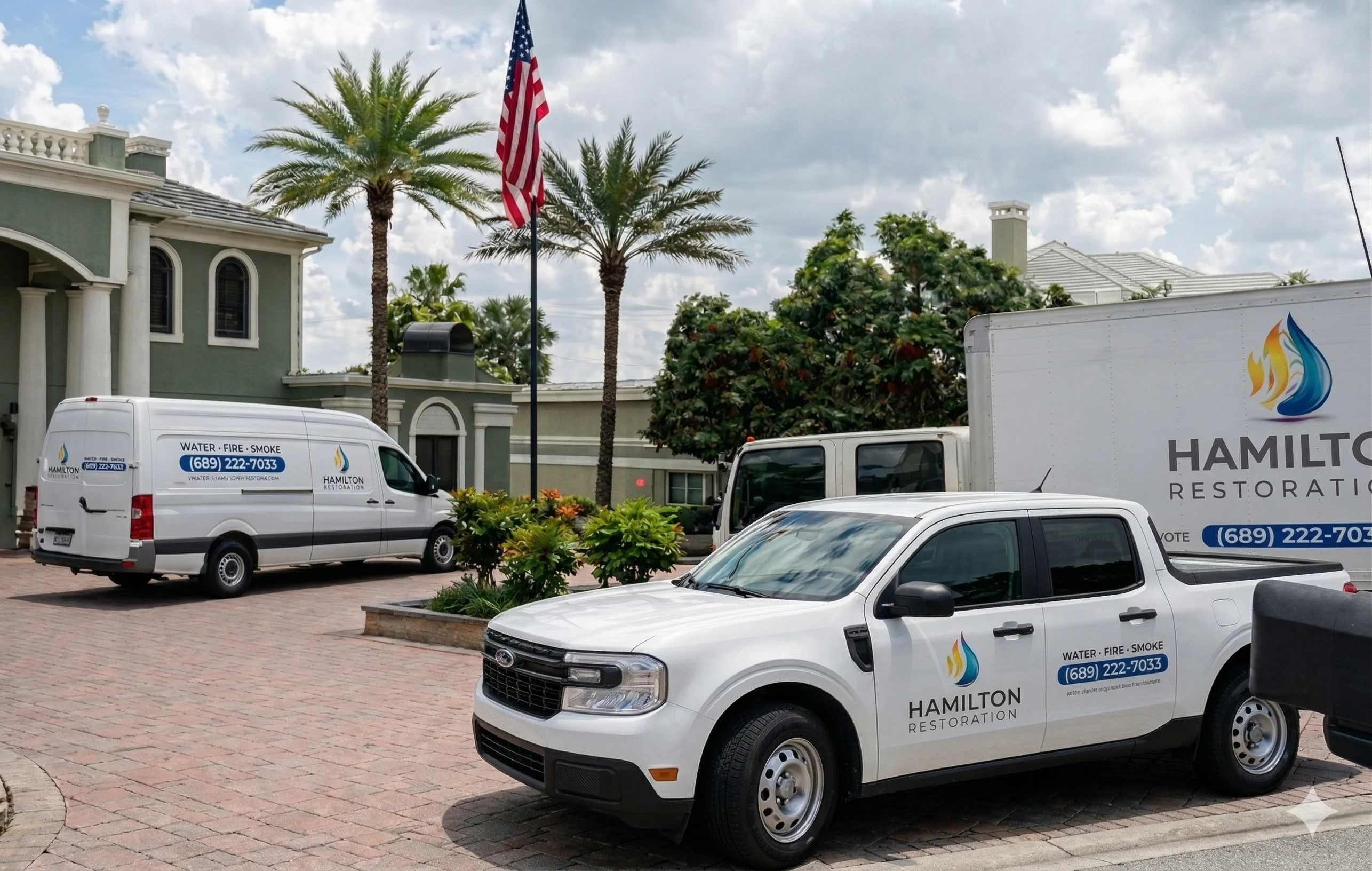 Two Hamilton Restoration service vehicles, a pickup truck and a van, parked outside a house with a garage.
