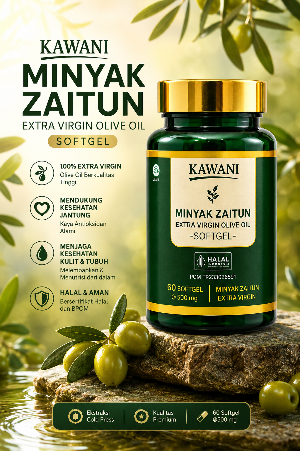 KAWANI Minyak Zaitun Extra Virgin Softgel — 100% extra virgin, halal dan BPOM