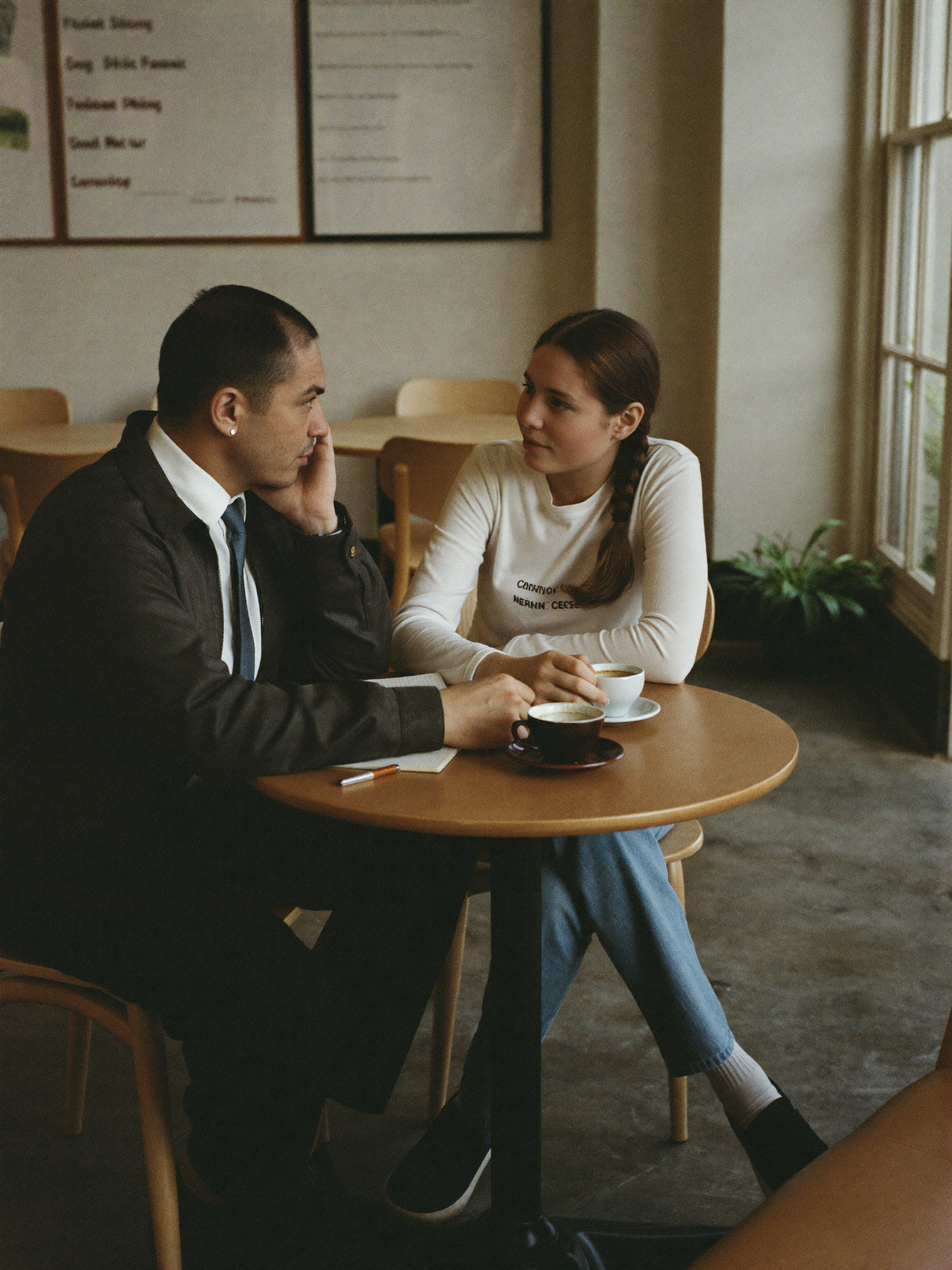 A mentor and student in conversation in the lounge