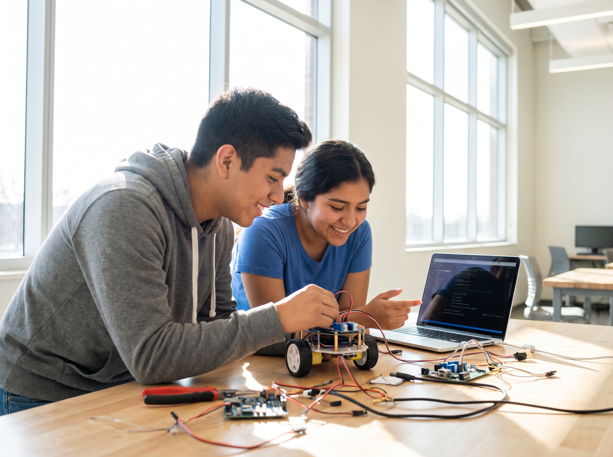 Two Latino students building a robot in the STEM lab