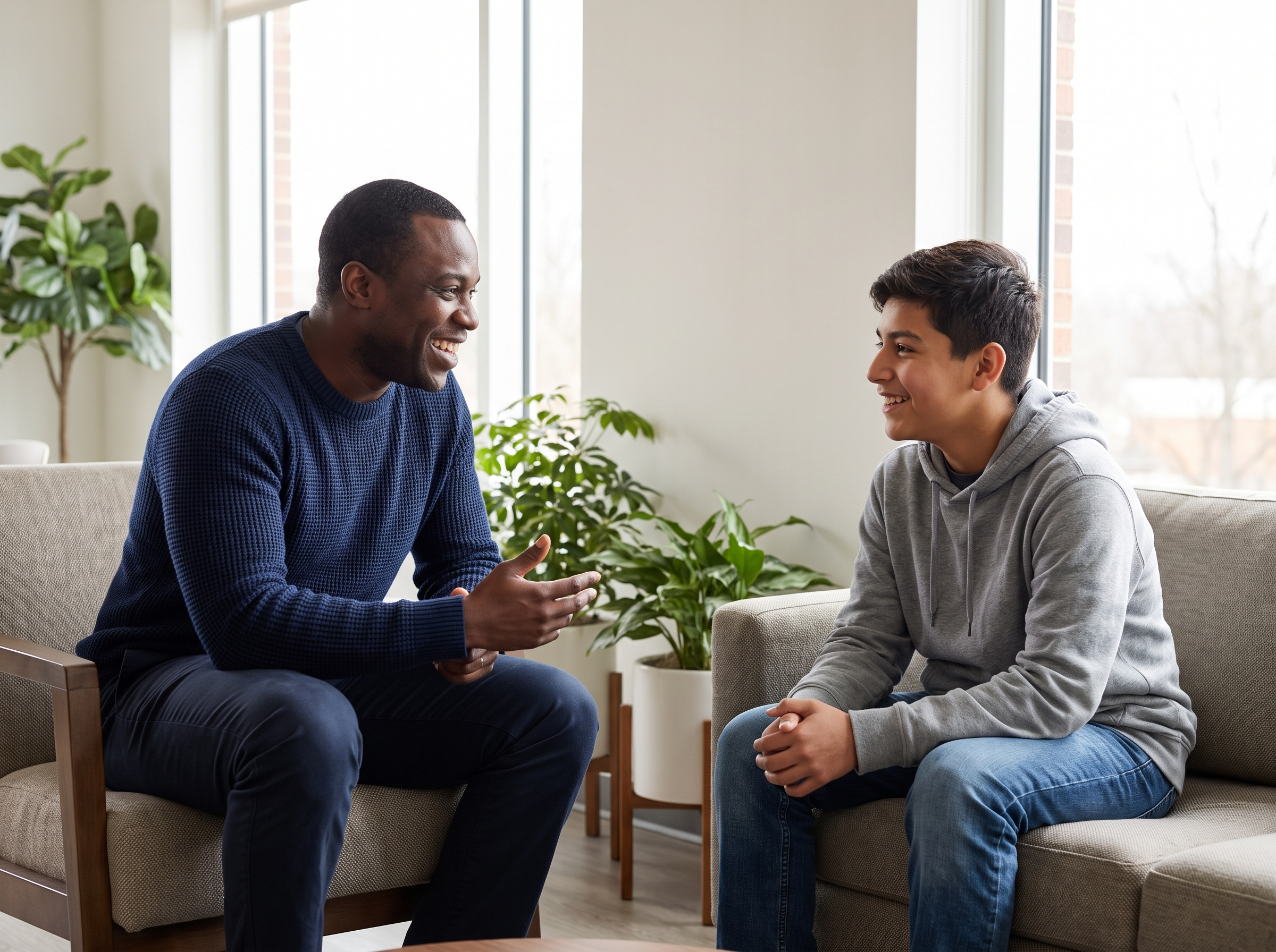 An African American mentor and student in conversation in the lounge