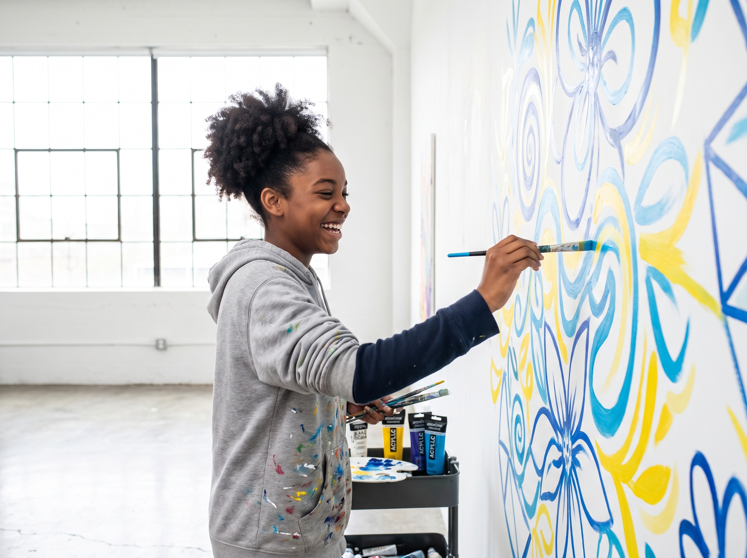 An African American teen artist painting a vibrant mural in the arts studio