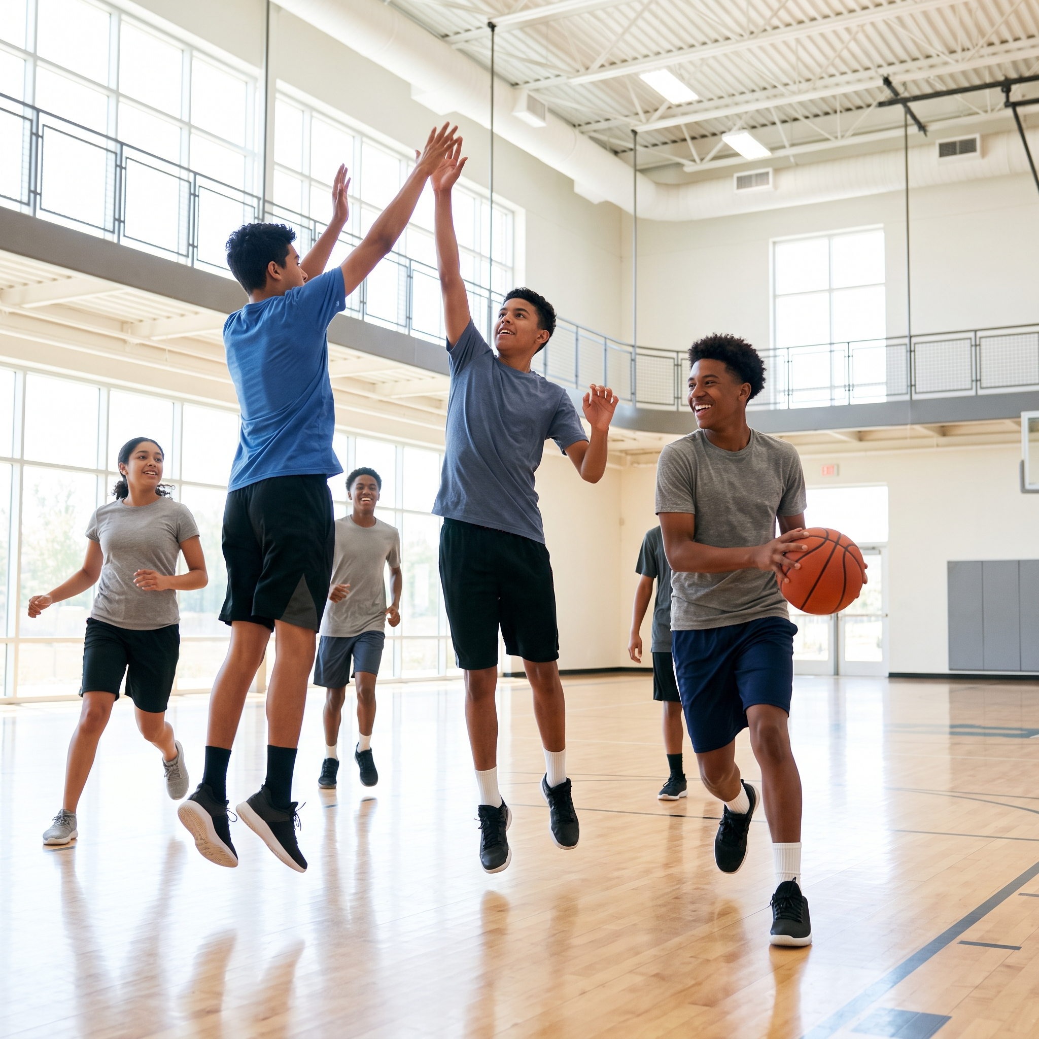 Latino youth athletes playing basketball in the community center gym