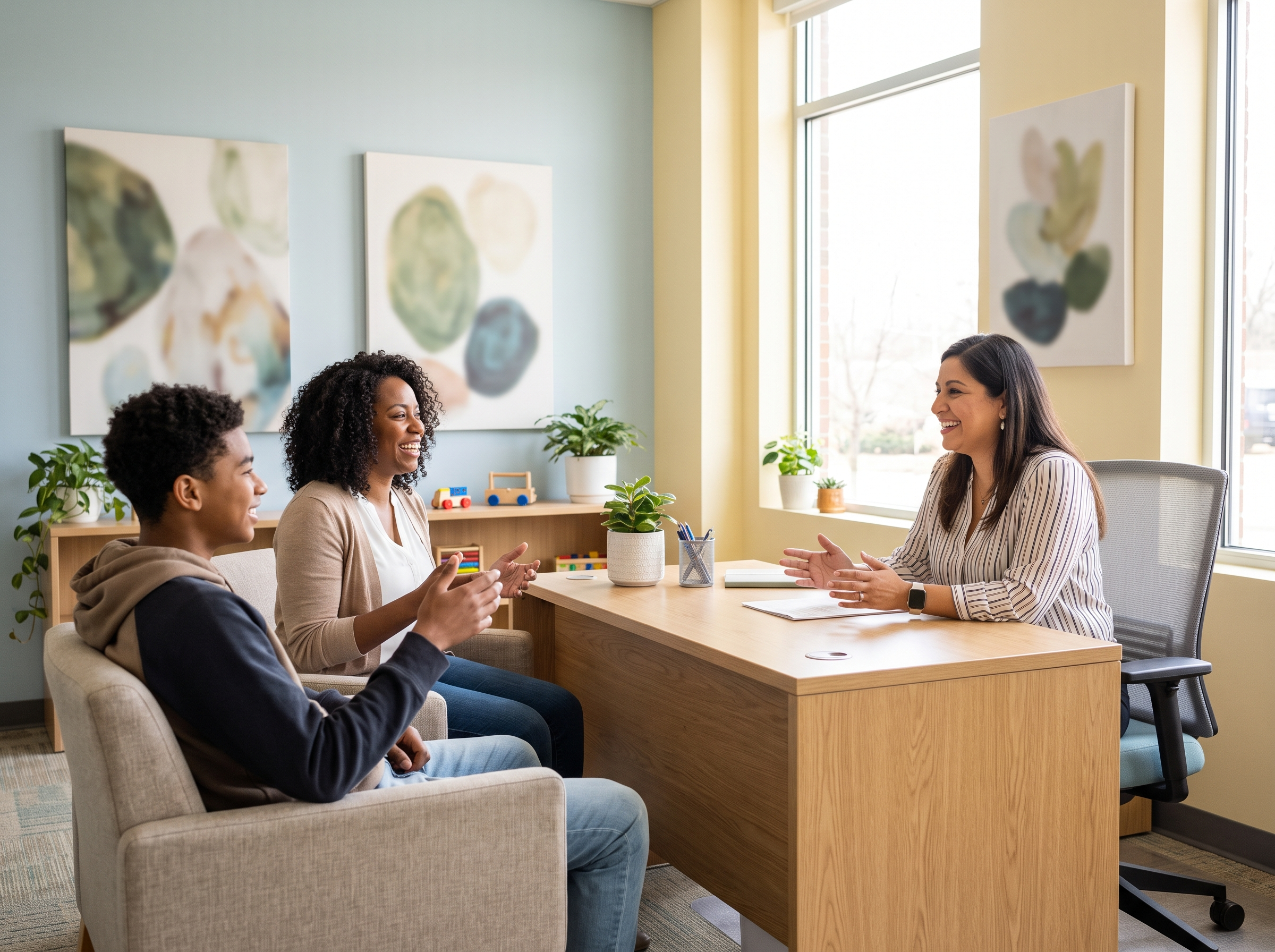 An African American family meeting with a staff member at the family resource hub