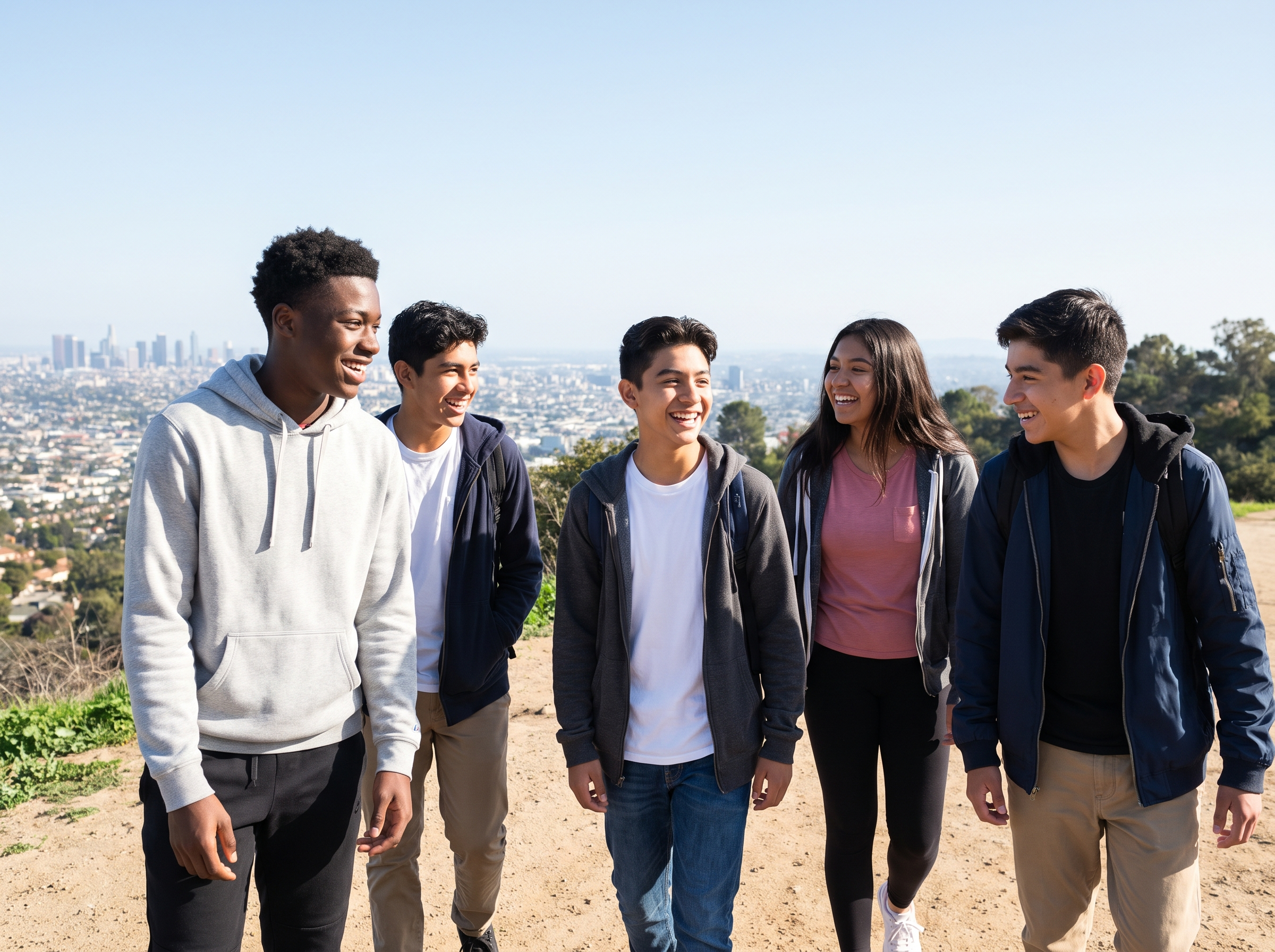 Diverse Inglewood youth, Latino and Black, hiking together at Kenneth Hahn Park