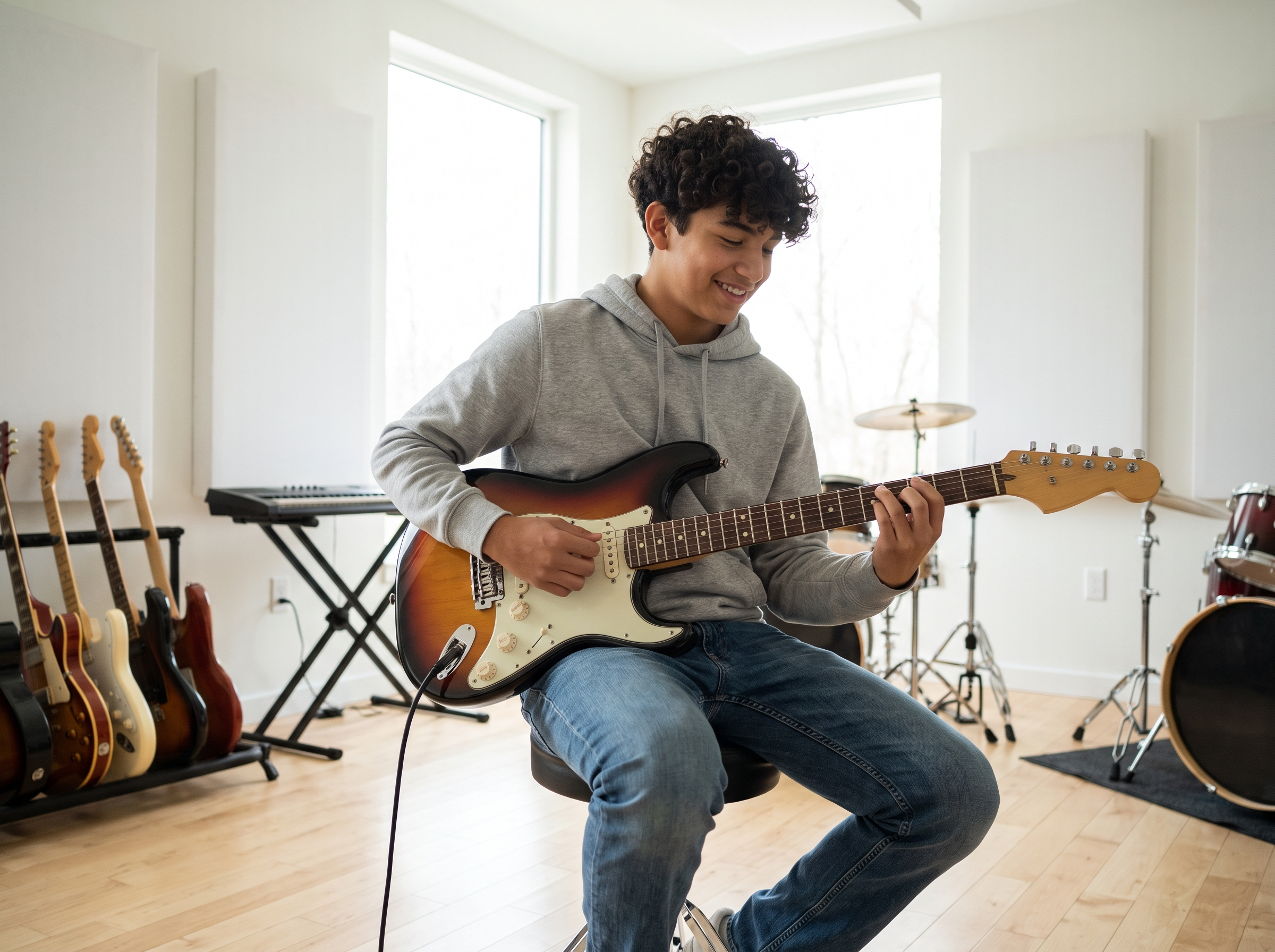 A Latino teen practicing electric guitar in the music room