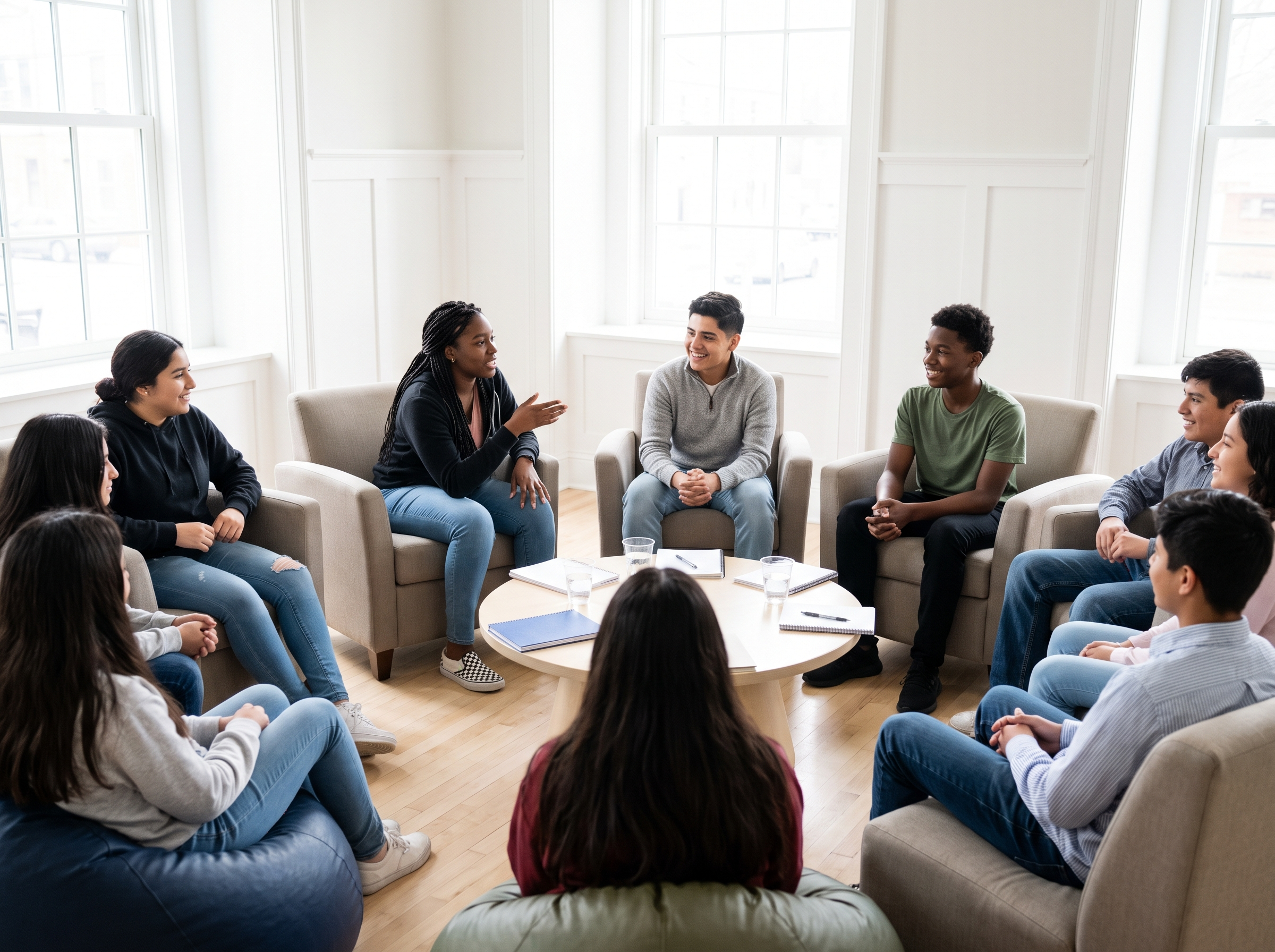 Diverse Latino and Black teenagers in a leadership council discussion