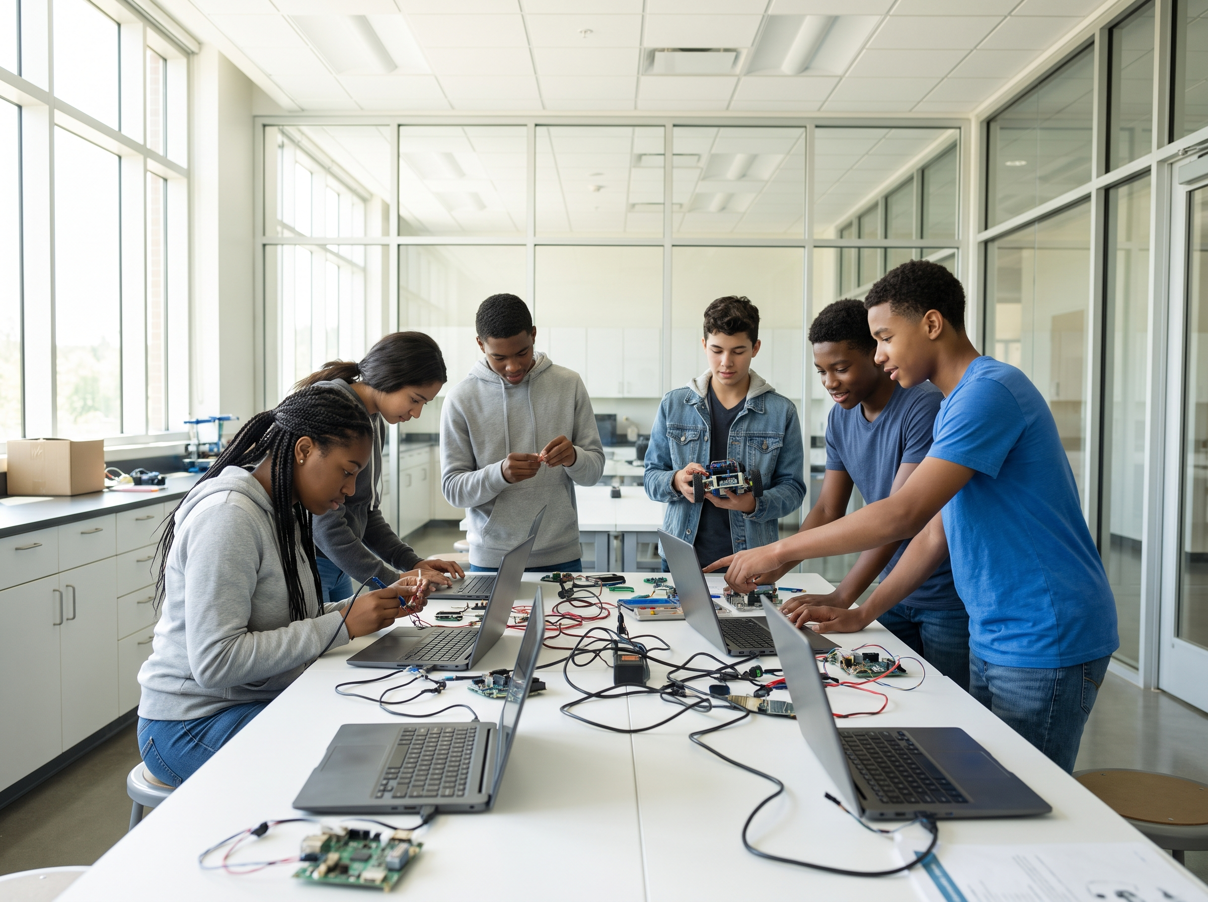 African American teens working together on robotics