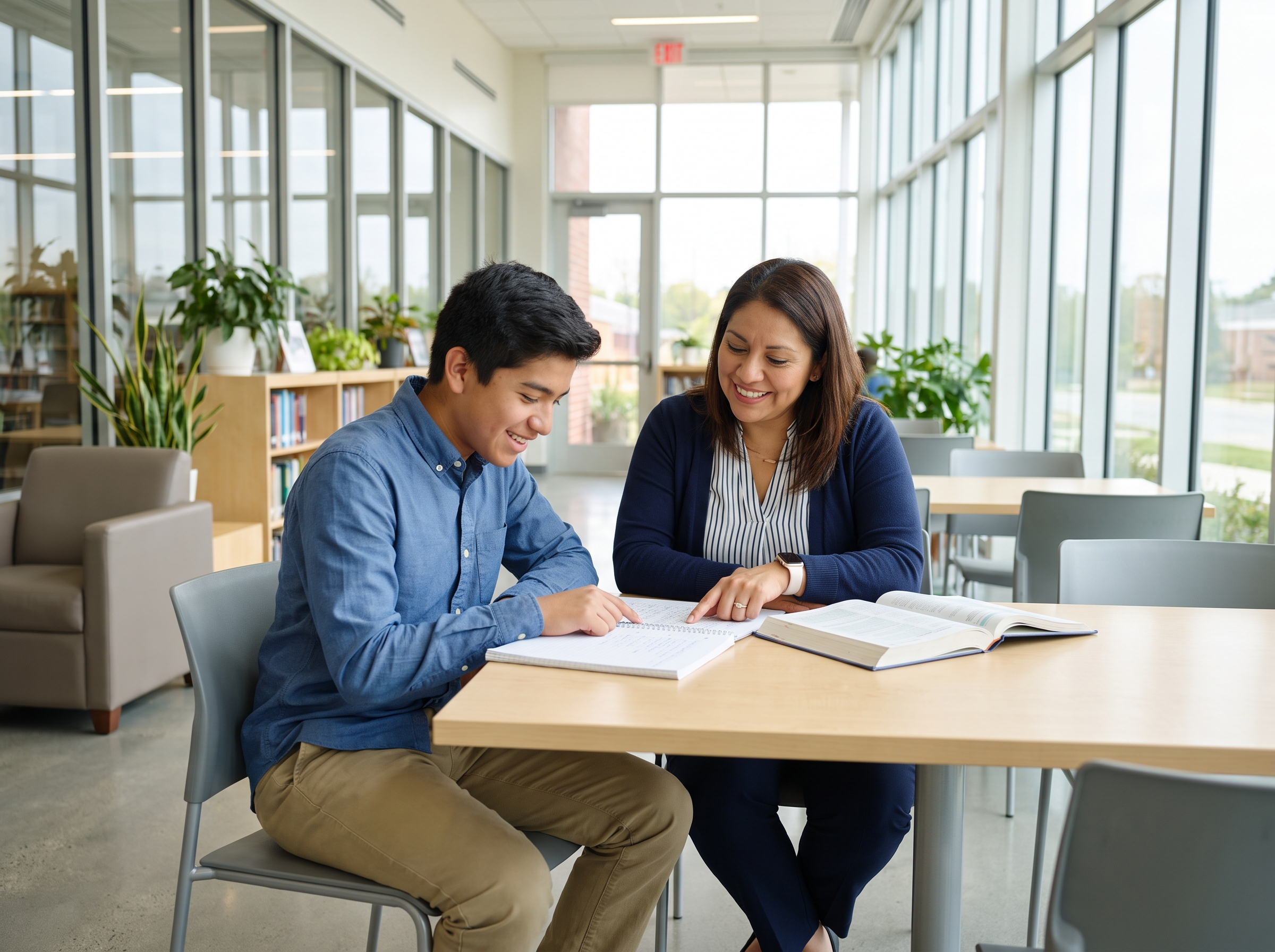 A Latino high school student working with a tutor