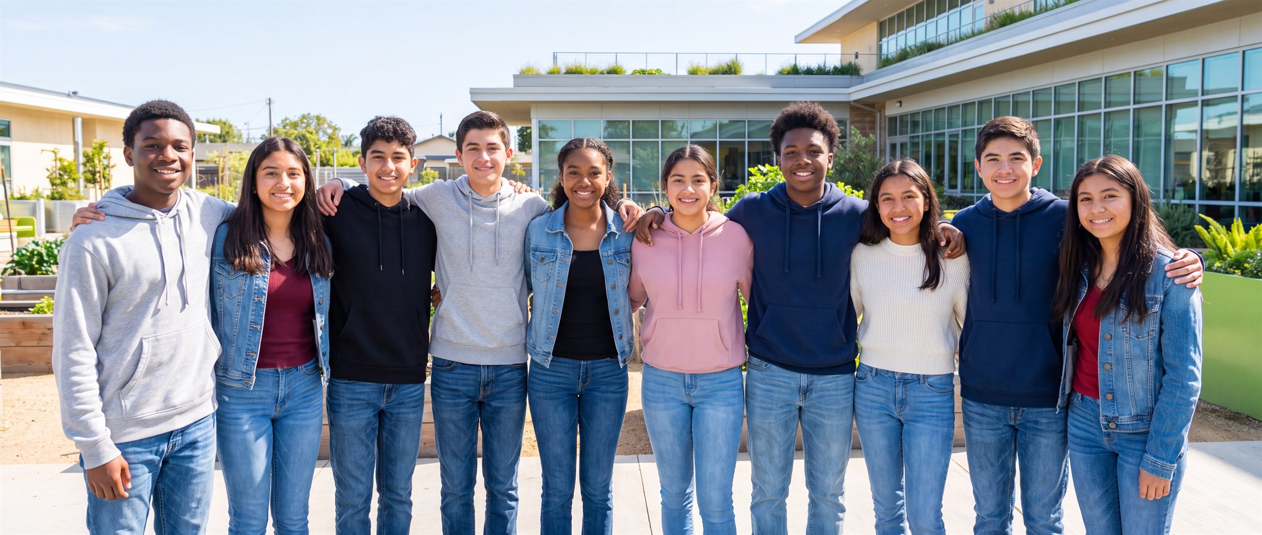 Happy diverse Inglewood middle and high school students standing together in the sunshine