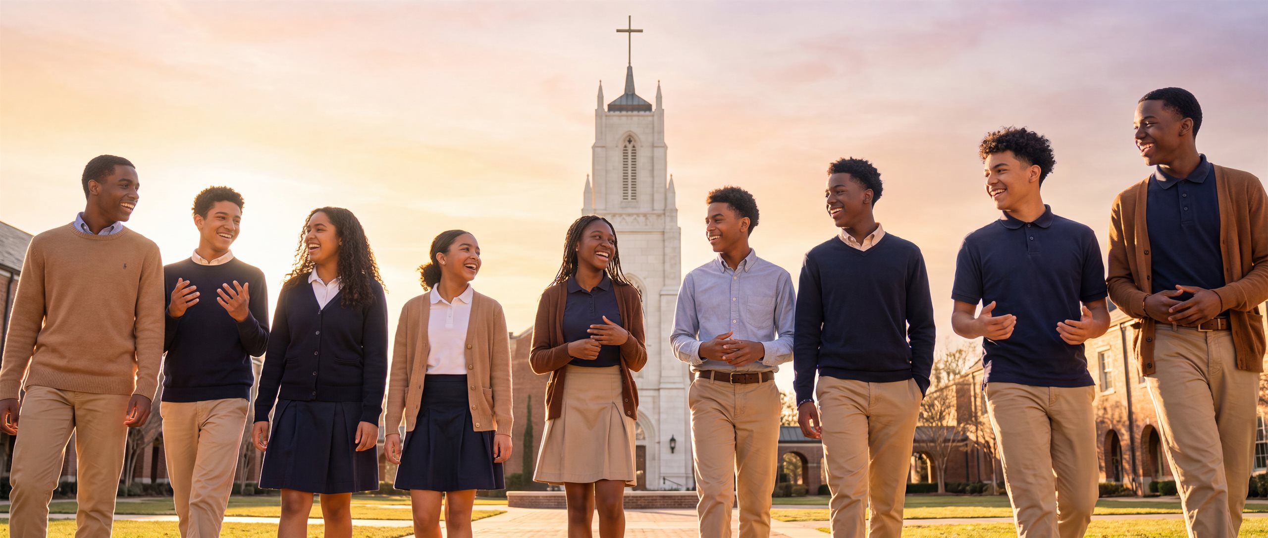 Diverse LA Christian Academy students walking together across campus at golden hour, chapel behind them