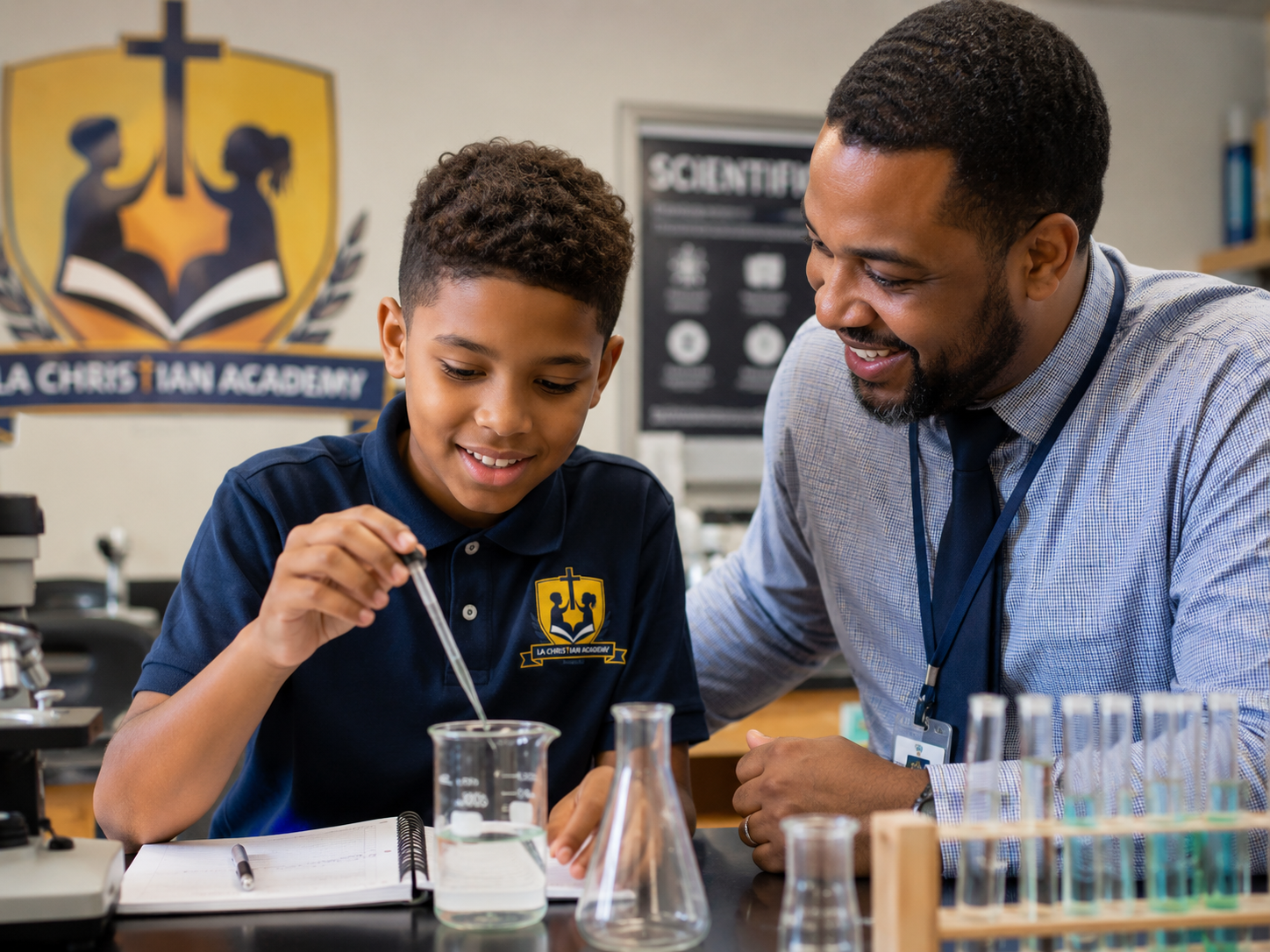 An LA Christian Academy student working with a teacher in the science lab