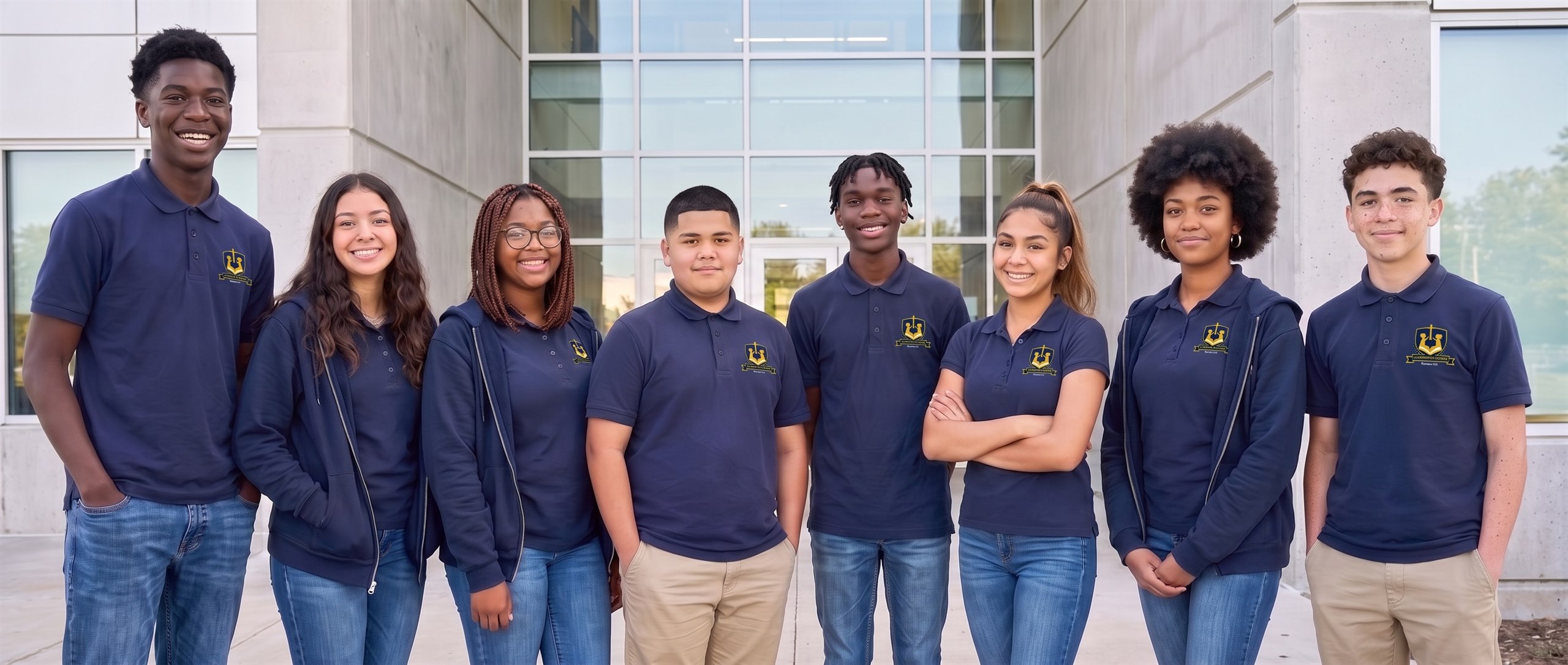 LA Christian Academy students in school uniform standing together outside the modern campus