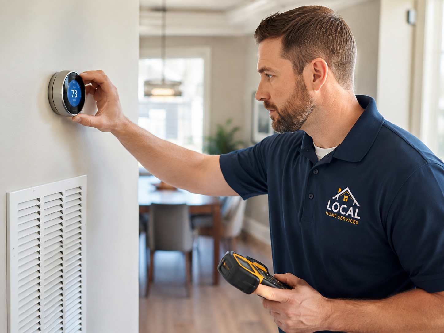 Local home services technician checking a thermostat and HVAC system in a modern home