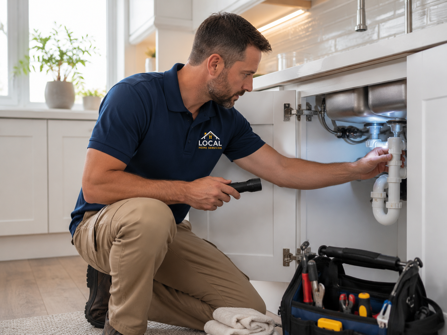 Professional technician inspecting under-sink plumbing during a home maintenance visit