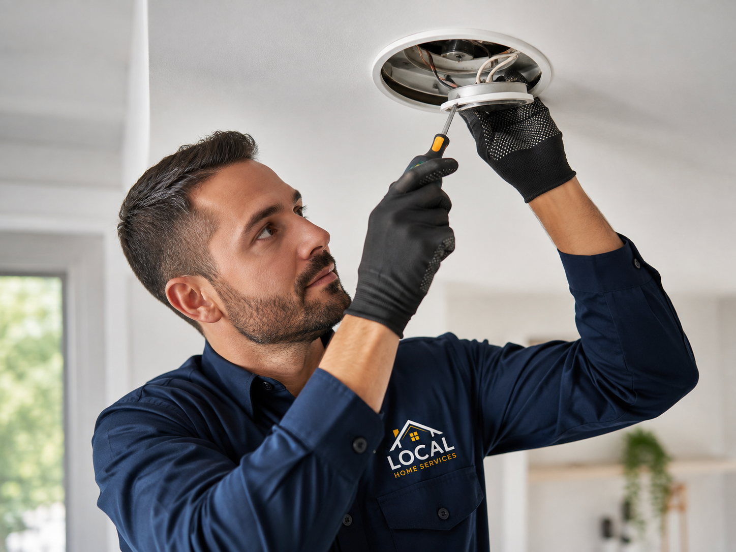 Professional technician checking a ceiling light fixture during a home repair visit