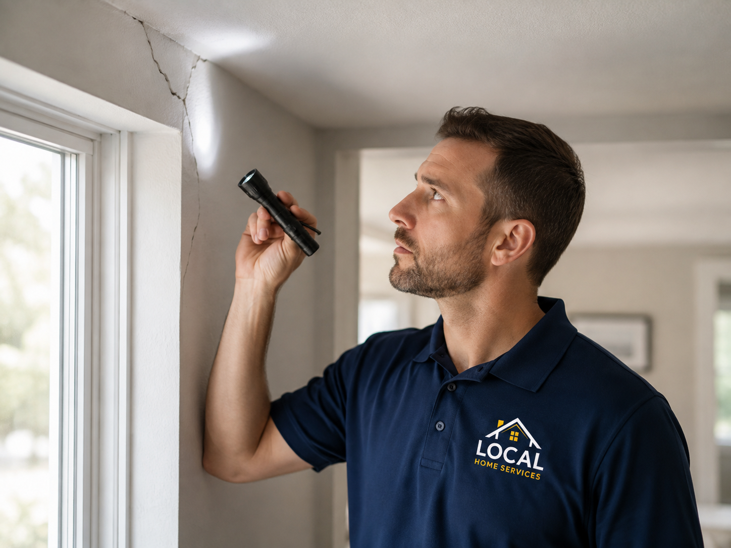 Home repair technician inspecting a ceiling issue inside a modern residential property