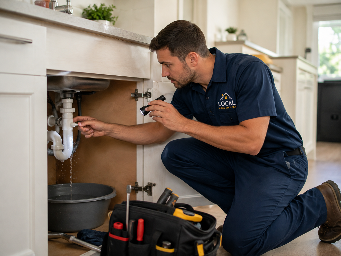 Local technician examining under-sink plumbing during a residential repair service