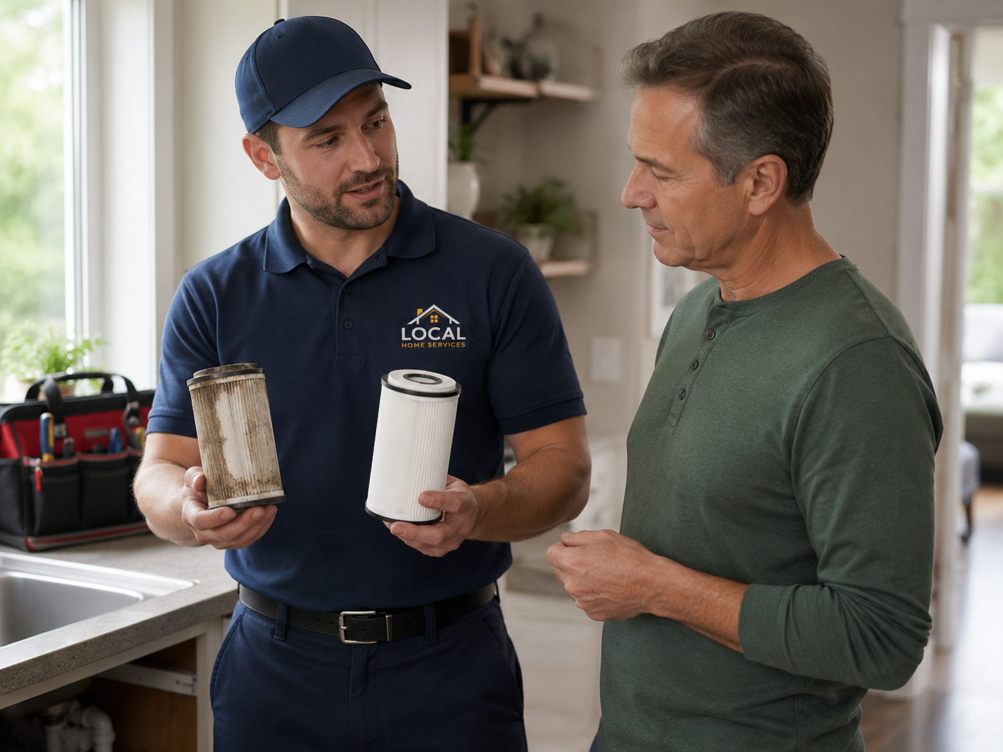 Home service technician assessing a window before deciding whether to repair or replace it