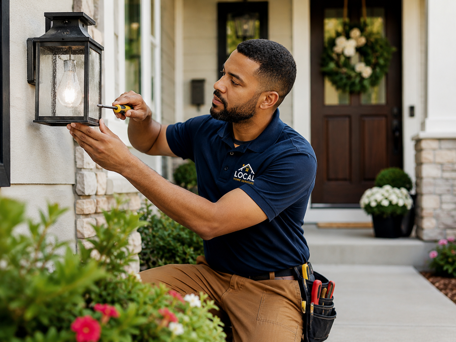 Local technician maintaining an exterior light at a residential property