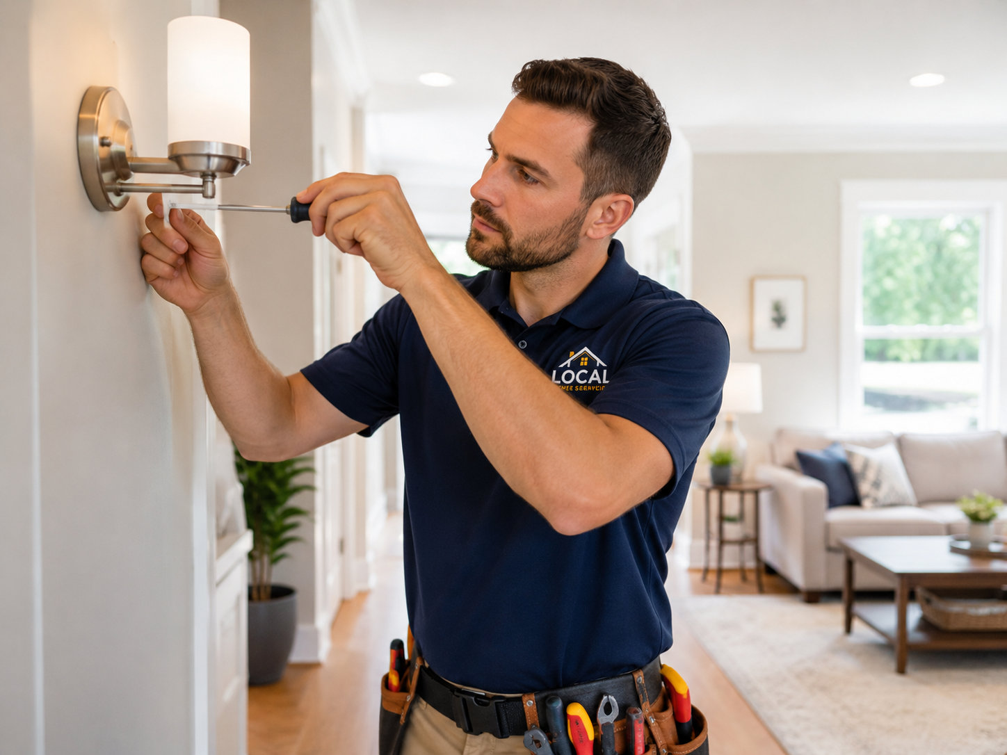 Residential service technician repairing an interior wall light fixture