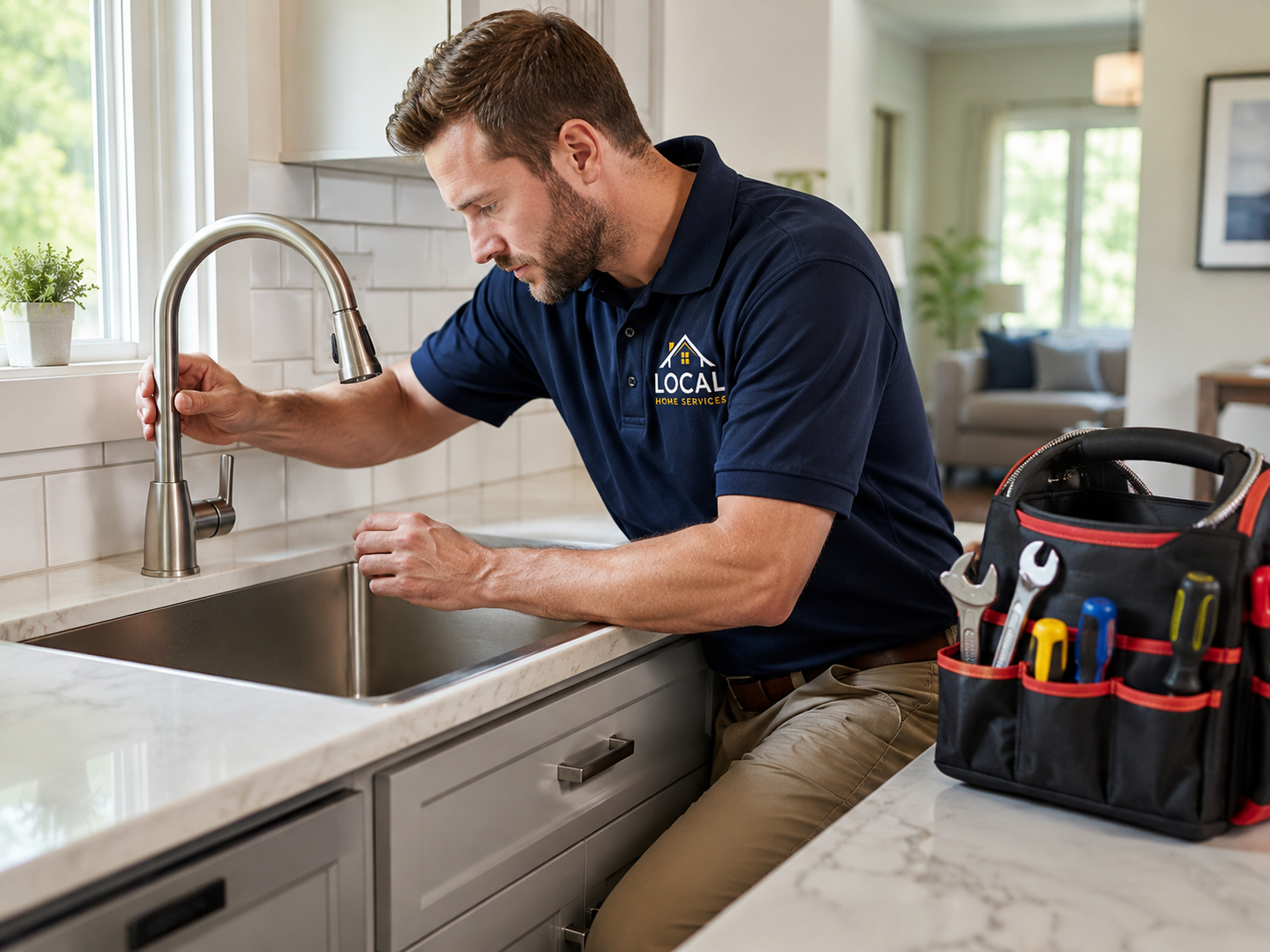 Home services professional repairing a kitchen tap in a modern home