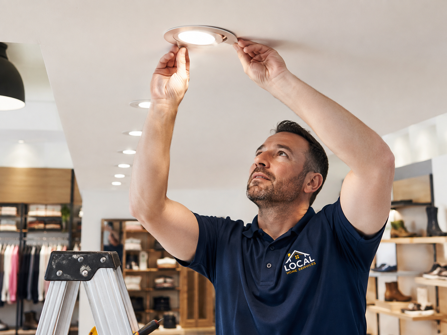 Commercial maintenance technician servicing ceiling lighting in a retail property