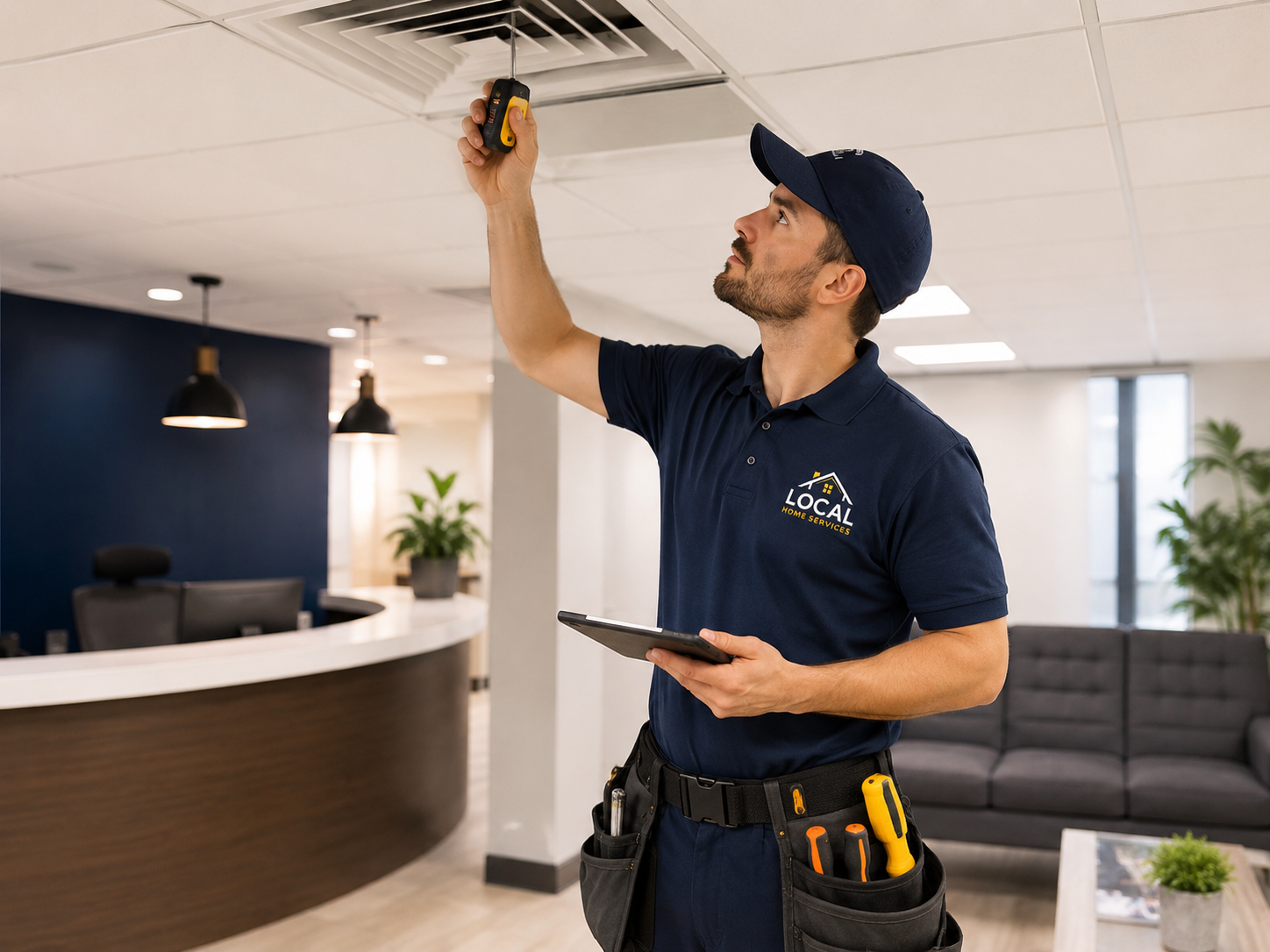 Commercial property technician inspecting a ventilation system in an office