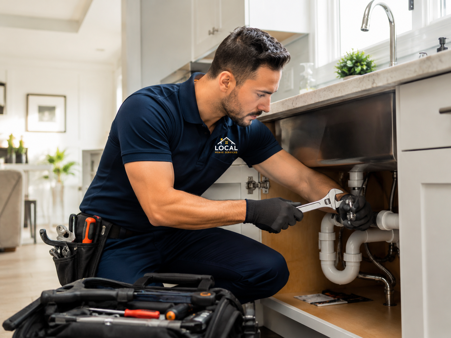 Local emergency technician inspecting an urgent plumbing issue under a sink