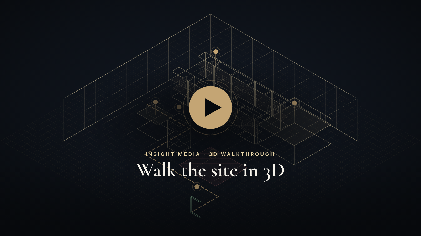 Wireframe illustration of a facility interior with a play button