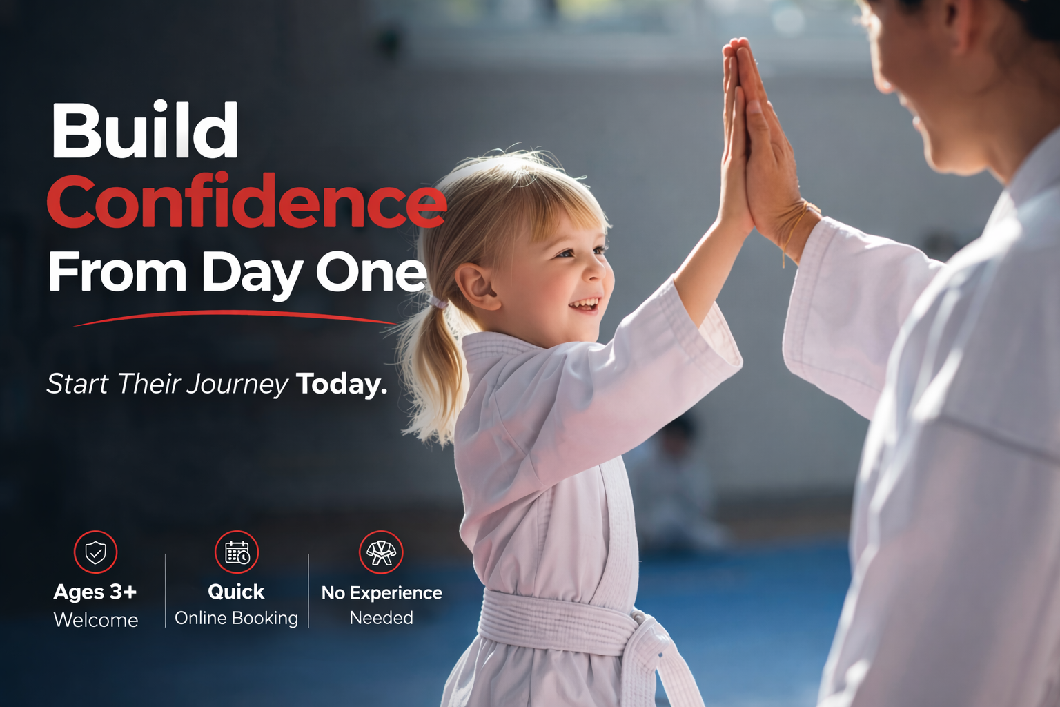 Child building confidence in a beginning karate class at KNS Martial Arts in London, Ontario