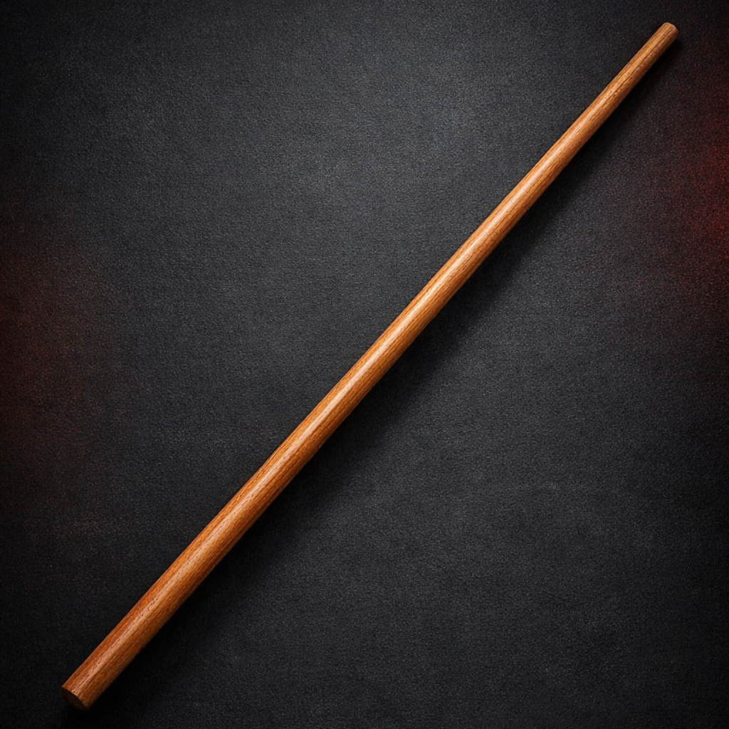 Wooden bo staff displayed diagonally on a dark textured background