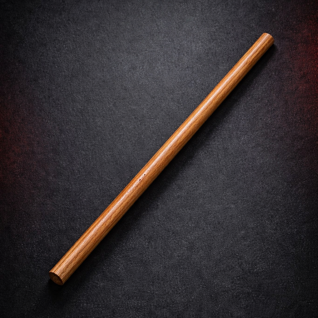 Wooden jo staff displayed diagonally on a dark textured background
