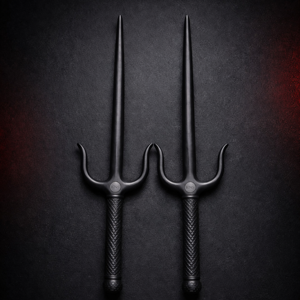 Pair of black training sai displayed upright on a dark textured background